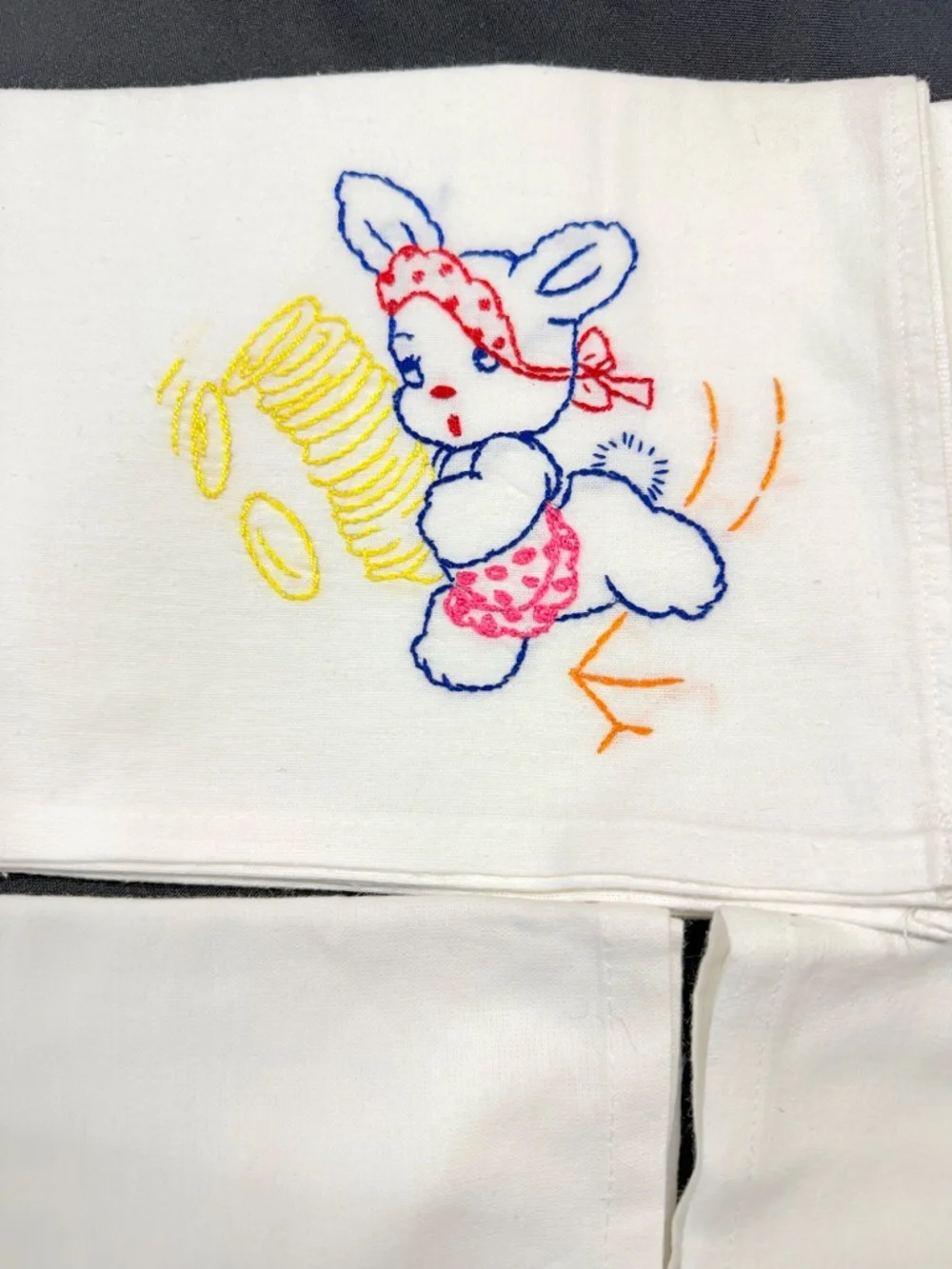 Vintage Hand Embroidered Flour Sack Towels. Playful Anthropomorphic Bunny Design